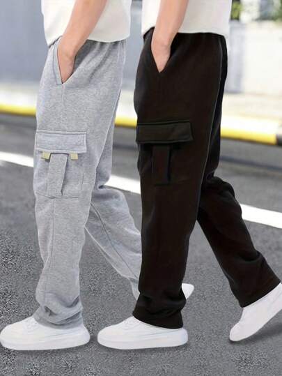 2 件套青少年男孩休闲宽松户外运动健身运动裤带侧袋，直腿加厚保暖裤，春/秋/冬