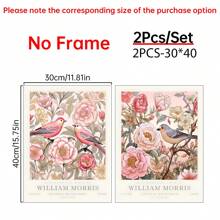 Set Of 2, William Morris Pink Art Print, Gallery Wall Art, Exhibition Poster, Large Wall Art, Peony, Floral Botanical Wall Art, Canvas Poster, Decor For Home- Bed Room, Hallway Decoration , Bathroom Gifts Birthday Graduation