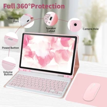 四合一键盘保护套，兼容三星 Galaxy Tab 和 iPad、Redm iPad SE，包含可拆卸无线蓝牙键盘（150mAh）和鼠标，平板电脑保护套带笔槽（粉色） - 粉色 - 查看 3