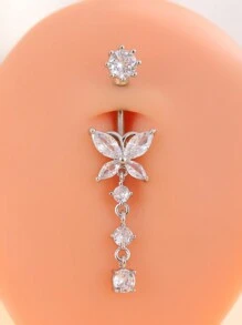 1pc Stainless Steel Butterfly 3-Ring Belly Button Piercing With 5mm Zirconia Stone, Sexy Women's Belly Button Jewelry