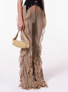 Women's Ruffled Flare Long Pants Solid Color Low Rise Stretch Bell-Bottom Trousers Streetwear - Khaki - View 2