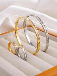 4 Pcs Of Light Luxury Design Advanced Simple Stainless Steel Single Row Drill Bracelet Ring Suitable For Holiday Gifts Friends