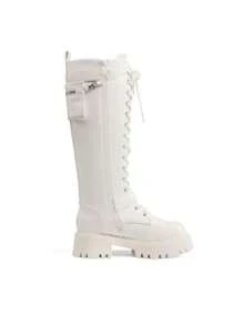 DREAM PAIRS Women's Combat Riding Platform Knee High Boots, Lace Up Fall Lug Sole Gothic Motorcycle Boots With Inside Zipper - 白色 - 查看 2