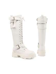 DREAM PAIRS Women's Combat Riding Platform Knee High Boots, Lace Up Fall Lug Sole Gothic Motorcycle Boots With Inside Zipper - 白色 - 查看 3