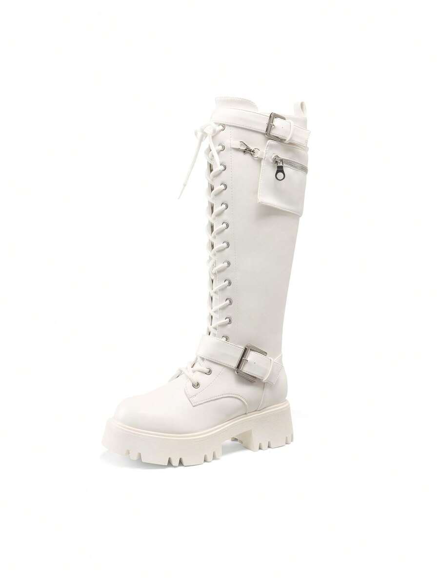 DREAM PAIRS Women's Combat Riding Platform Knee High Boots, Lace Up Fall Lug Sole Gothic Motorcycle Boots With Inside Zipper - 白色 - 查看 1