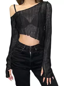 Womens Casual Long Sleeve T-Shirt Fashion Solid Color Oblique Shoulder Irregular Exposed Navel Tops