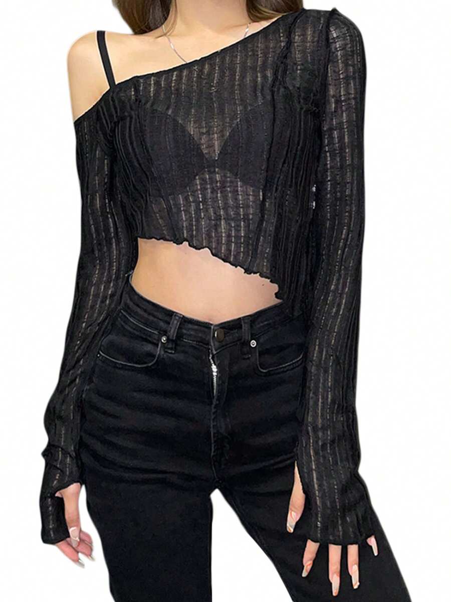 Womens Casual Long Sleeve T-Shirt Fashion Solid Color Oblique Shoulder Irregular Exposed Navel Tops