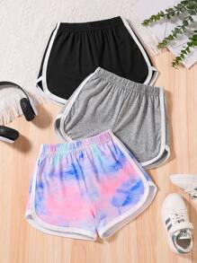 3pcs/Set Girls Casual Comfy Summer Shorts, Girls Solid Color With Tie-Dye White Hem Elastic Waist Shorts Set, Girls Versatile Outdoor Active Shorts Youth Clothing, Young Girl Soft Breathable Moisture Wicking Sports Casual Summer Outfit