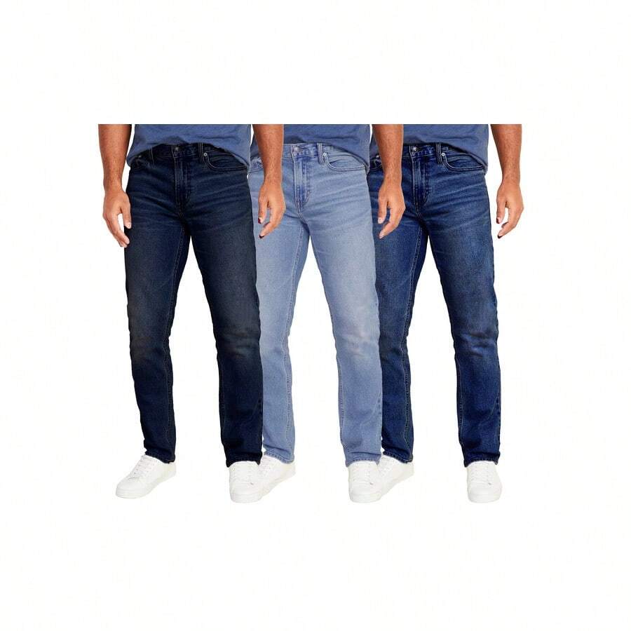 paquete de 3 pantalones vaqueros ajustados de corte recto con elástico para hombre - Azul oscuro - Azul claro - Azul medio - Ver 1