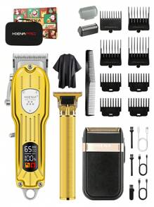 Juego de corte de pelo esencial de Navidad de 3 piezas para hombres, que incluye cortadora de pelo eléctrica, pantalla LED, afeitadora recíproca, cortadora de pelo, set de cuidado personal exquisito, malla de repuesto. El mejor regalo para darle en Navidad (también puede elegir ) - Dorado - Ver 14