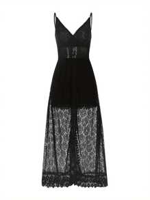 Women Casual Bodysuit, Solid Color Hollow Out Floral Lace Sleeveless Sling Bodysuit - 黑色 - 查看 3