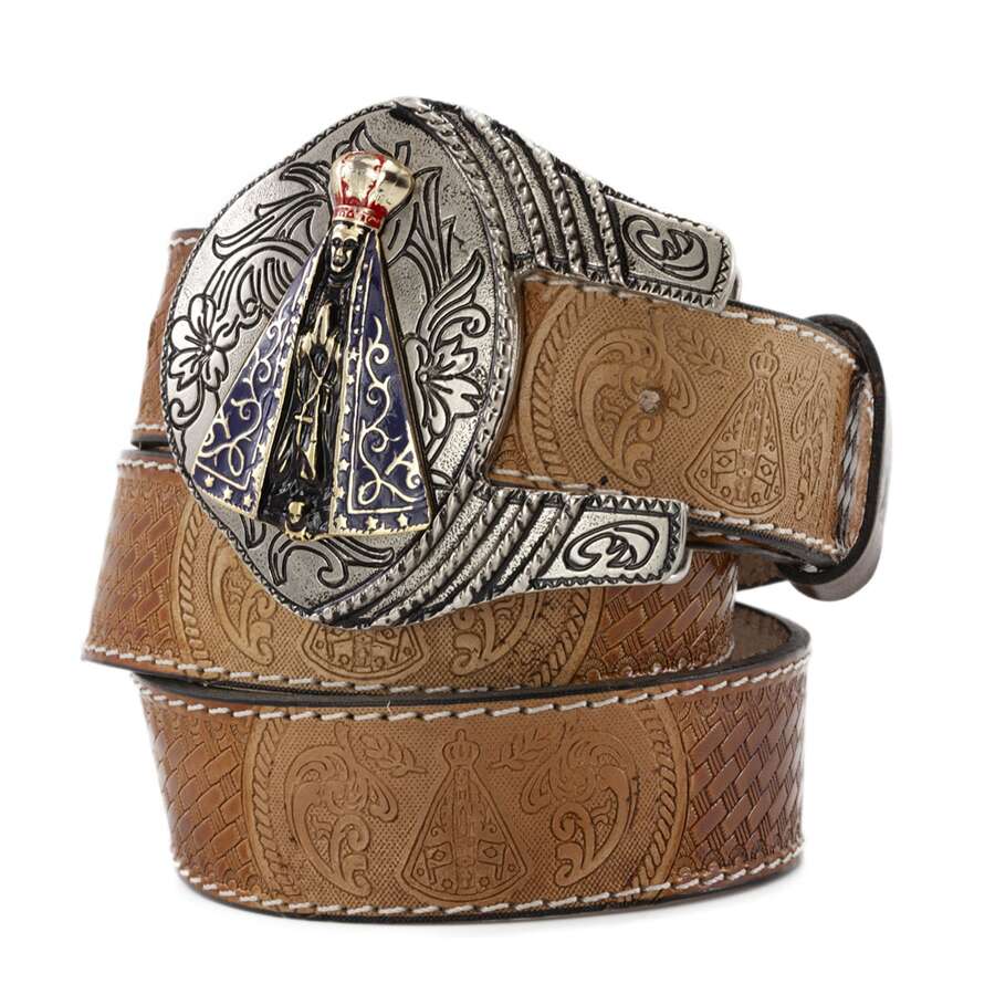 Premium Leather Country Belt Our Lady Of Aparecida With Impactful Buckle - Camel - View 1
