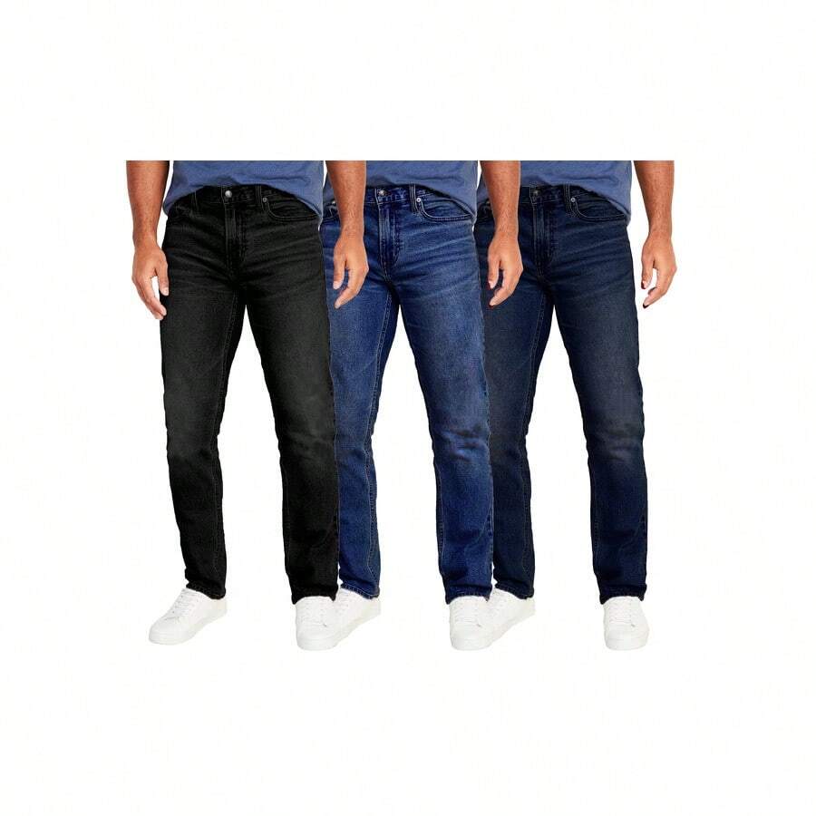 paquete de 3 pantalones vaqueros ajustados de corte recto con elástico para hombre - Negro - Azul oscuro - Azul medio - Ver 1