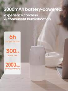 kinscoter 1 pièce Humidificateur d'air rechargeable de 2000 mAh et 300 ml avec double pulvérisation, humidificateur portable avec lampe d'ambiance pour hôtel, chambre à coucher