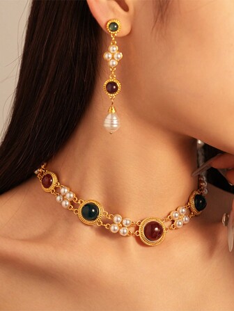 2pcs, Retro Color Resin Geometric Faux Pearl Silver Needle Earrings, French Court Style High-Grade Sense Of Niche Earrings, Necklaces, Valentine's Day, Gifts Valentines