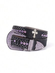 Rhinestone Embellished Cross Buckle Glittery Western Cowgirl Belt, Zinc Alloy Crystal Cross Studded Belt, Suitable For All Seasons Valentine's Day Valentines - A - Xem 7