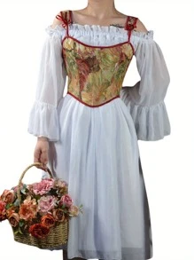 Women Floral Bustier Back Lacing-Up Bow Wide Strap Fish Boned Corset Curved Hemline Crop Tank Tops