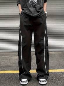 1 pièce Pantalon cargo ample droit avec rayures latérales pour garçons et adolescents, style décontracté, adapté pour l'entraînement et l'extérieur, idéal pour le printemps/l'été/l'automne