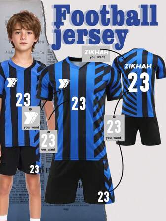 Customizable Inter Milan-Inspired Youth Football Kit For Kids (Ages 8-12) - Personalized Jersey And Shorts Set,Customizable Logo, Number, And Text Content
