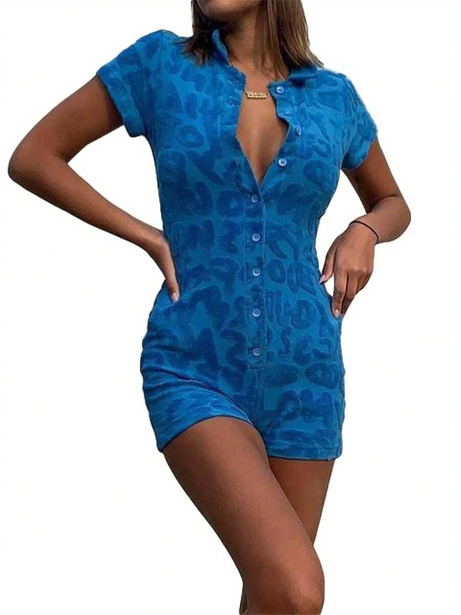 Women Casual Turn-down Collar Playsuit, Short Sleeve Letters Pattern Buttons Open Front One-piece - Azul - Ver 1