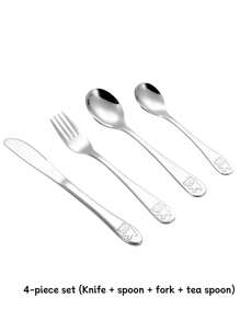 Customization 4pcs Set Personalized Stainless Steel Cutlery , Custom Engraved Name, 4 Pieces Silverware Including Knife, Fork, Dinner Spoon, Teaspoon - Ideal For General Dining & Special Occasions