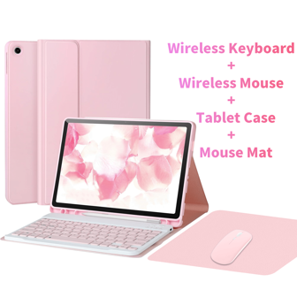 [4 In 1] Keyboard Case With Mouse And Mouse Mat ,Compatible With Samsung Galaxy Tab And IPad , RedmiPad Se , With Detachable Wireless Bluetooth Keyboard (150mAh) And Mouse, Tablet Case With Pencil Holder(Pink)
