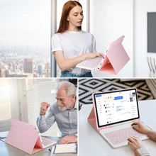 四合一键盘保护套，兼容三星 Galaxy Tab 和 iPad、Redm iPad SE，包含可拆卸无线蓝牙键盘（150mAh）和鼠标，平板电脑保护套带笔槽（粉色） - 粉色 - 查看 6