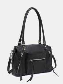 1pc Women's Vintage Y2K Motorcycle Western Wasteland Style Multi-Pocket Decor Soft Distressed Washed Leather Large Capacity Handbag, Crossbody Bag, Suitable For Street, Dating, Party - Black - View 2