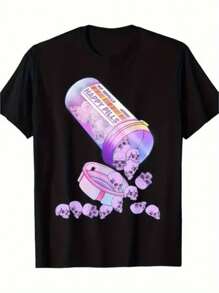 Happy Pill Candy Gothic Kawaii Yandere Skeleton Otaku MT-T-Shirt - 100% Cotton - 220, 100% Cotton, Halloween, Thanksgiving, Christmas Gift, Suitable For Men, Women, Family And Friends, Black Casual Short-Sleeved Crew Neck T-Shirt Sizes S To 3XL - 黑色 - 查看 1