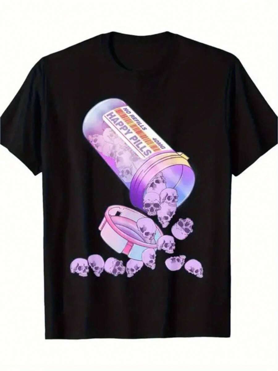 Happy Pill Candy Gothic Kawaii Yandere Skeleton Otaku MT-T-Shirt - 100% Cotton - 220, 100% Cotton, Halloween, Thanksgiving, Christmas Gift, Suitable For Men, Women, Family And Friends, Black Casual Short-Sleeved Crew Neck T-Shirt Sizes S To 3XL - 黑色 - 查看 1
