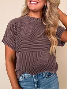 CILKOO Summer Casual Solid Color Striped Print Knit Texture Striped Round Neck Drop Shoulder T-Shirt - Purple - View 5