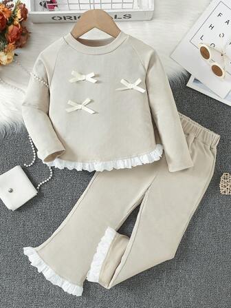 Ensemble de 2 pièces, Top avec nœud et pantalon évasé, mode pour jeune fille