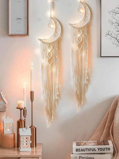 Decoración colgante de estrella y luna para Ramadán/Eid Al-Fitr/Eid Al-Adha, atrapasueños de estrella y luna, tapiz colgante tejido a mano con borlas, decoración de pared para el hogar, tapiz colgante bohemio de encaje tejido, atrapasueños de luna creciente y estrella con borlas largas - Estilo bohemio blanco hecho a mano, decoración del hogar, artesanía, decoración de Año Nuevo, estrellas/luna/luces