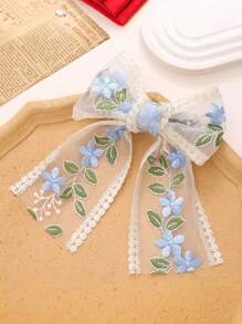 1 件女孩清新蓝色蕾丝玫瑰花蝴蝶结水晶发夹，精致甜美风格，适合日常佩戴 - 藍色 - 查看 3