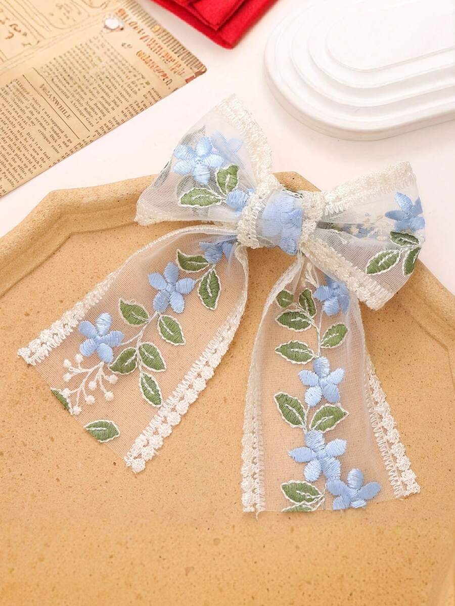 1 件女孩清新蓝色蕾丝玫瑰花蝴蝶结水晶发夹，精致甜美风格，适合日常佩戴 - 藍色 - 查看 1