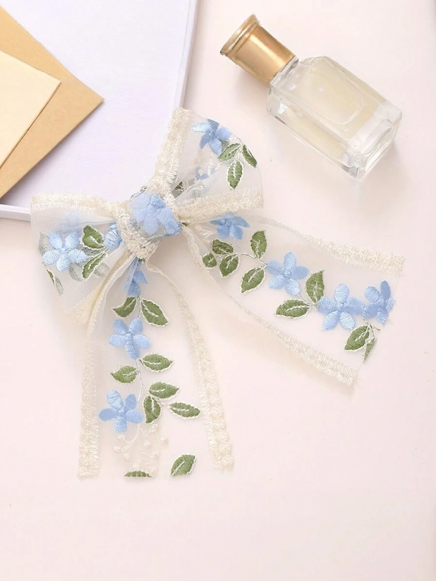 1 件女孩清新蓝色蕾丝玫瑰花蝴蝶结水晶发夹，精致甜美风格，适合日常佩戴 - 藍色 - 查看 1