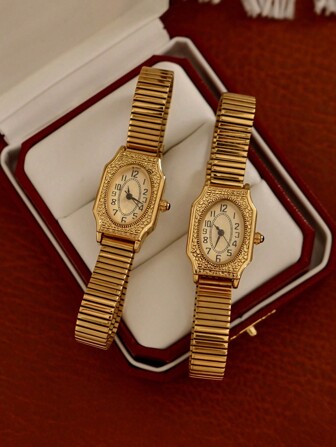 1pc New Stylish Gold Color Classic Retro French Style Elegant Petite Quartz Women's Waterproof Stainless Steel Band Rectangular Engraved Dial Watch, Fashionable Artistic Minimalist Niche Design Charming For Daily Wear And Birthday Gift