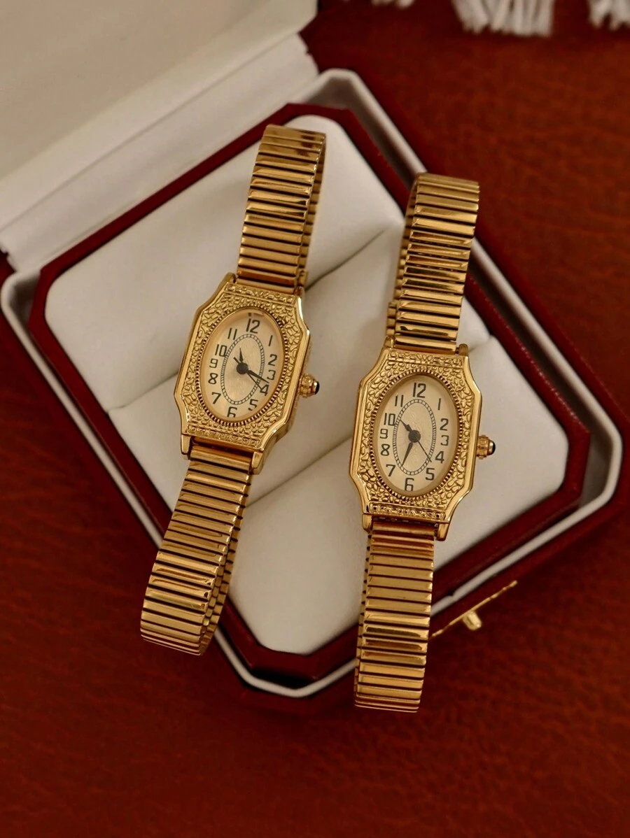 1pc New Stylish Gold Color Classic Retro French Style Elegant Petite Quartz Women's Waterproof Stainless Steel Band Rectangular Engraved Dial Watch, Fashionable Artistic Minimalist Niche Design Charming For Daily Wear And Birthday Gift - 金色 - 查看 1