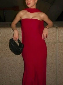 女士罗纹抹胸长裙紧身性感优雅派对礼服、婚礼宾客礼服、正式礼服、晚礼服、长袍