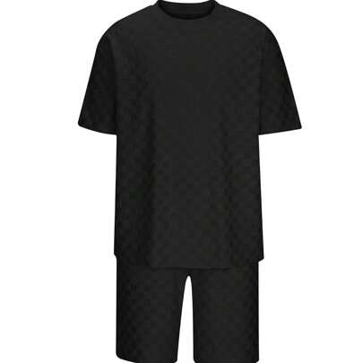 Men's Solid Color Checkerboard Short-Sleeved Shorts Two-Piece Loose Casual Cotton T-Shirt Set