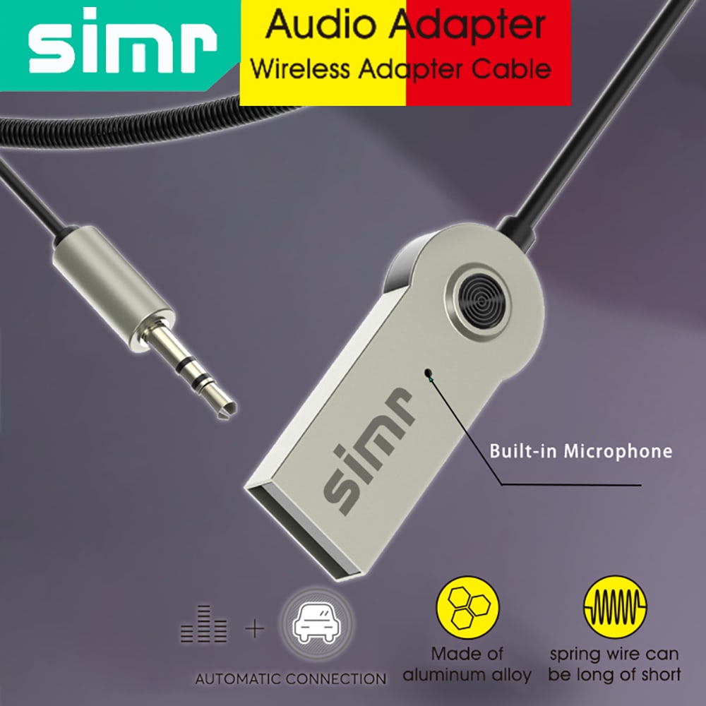 simr USB Metal Alloy Bluetooth Car Aux Receiver Adapter 3.5mm Audio BT Receiver Car Wireless Receiver BT USB For Car Home Audio With MIC Handsfree Calls Wireless