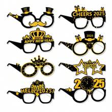 8 Stück 2025 Silvester Party Zubehör, schwarze und goldene Papierbrille, Einheitsgröße, Silvesterparty-Dekoration, tolle Geschenke - Verschiedenfarbig - Übersicht 7