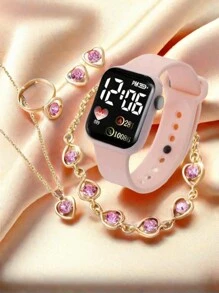 Fashionable 6 Pieces Rhinestone Jewelry Set, Women Pink PVC Strap Stylish Square Dial Digital Watch And Heart Rhinestone Jewelry Necklace/Suitable For Daily Wear, Valentine's Day Gift