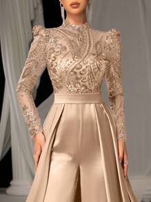 Faeriesty Elegant Satin Jumpsuit With Glittering Sequin Embroidery & Floor-Length Trail | Luxury Evening Wear For Black Tie Galas, Weddings, Formal Events