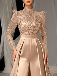 Faeriesty Elegant Satin Jumpsuit With Glittering Sequin Embroidery & Floor-Length Trail | Luxury Evening Wear For Black Tie Galas, Weddings, Formal Events