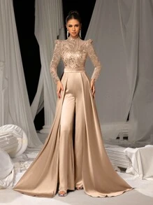 Faeriesty Elegant Satin Jumpsuit With Glittering Sequin Embroidery & Floor-Length Trail | Luxury Evening Wear For Black Tie Galas, Weddings, Formal Events