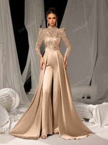 Faeriesty Elegant Satin Jumpsuit With Glittering Sequin Embroidery & Floor-Length Trail | Luxury Evening Wear For Black Tie Galas, Weddings, Formal Events