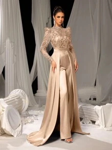 Faeriesty Elegant Satin Jumpsuit With Glittering Sequin Embroidery & Floor-Length Trail | Luxury Evening Wear For Black Tie Galas, Weddings, Formal Events