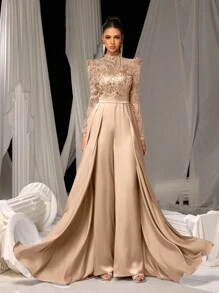 Faeriesty Elegant Satin Jumpsuit With Glittering Sequin Embroidery & Floor-Length Trail | Luxury Evening Wear For Black Tie Galas, Weddings, Formal Events