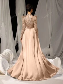 Faeriesty Elegant Satin Jumpsuit With Glittering Sequin Embroidery & Floor-Length Trail | Luxury Evening Wear For Black Tie Galas, Weddings, Formal Events